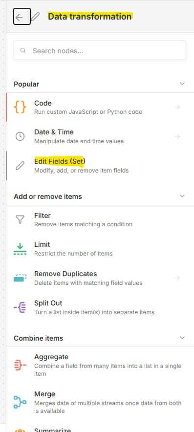 añadir nodo “Data transformation”