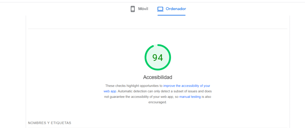 Google PageSpeed Insights accesibilidad