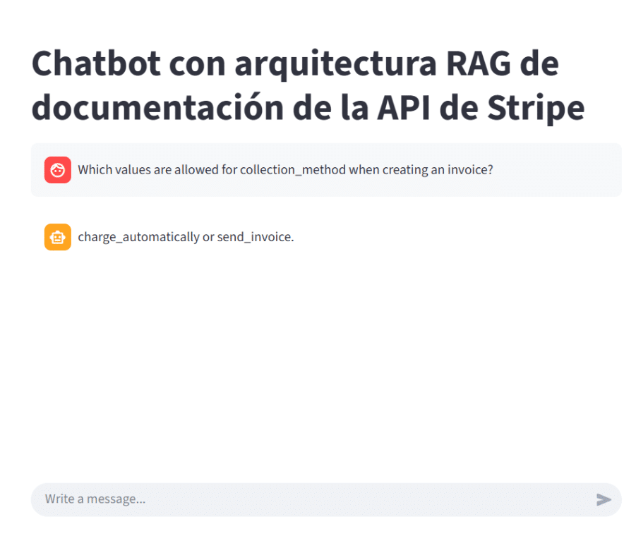 chatbot con arquitectura RAG de documentación de la API de Stripe