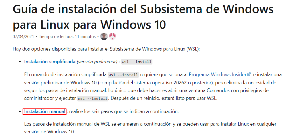 Instalación del subsistema de windows para Linux
