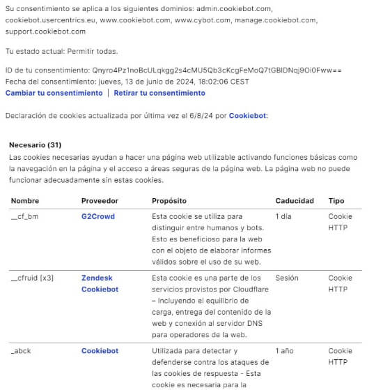 Declaración de cookies Cookiebot